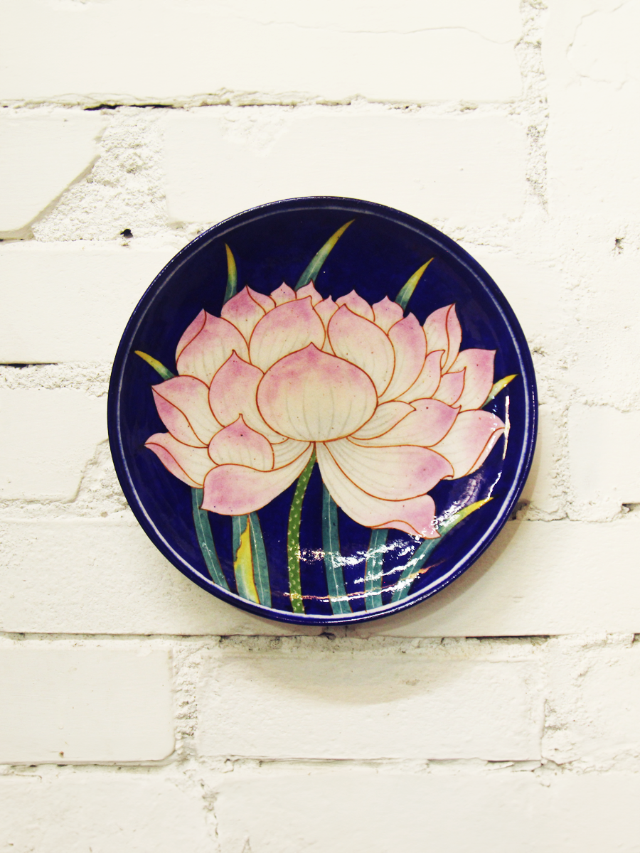Shop White Pink Lotus In Blue Pottery Plate by Shilp Guru Gopal Saini