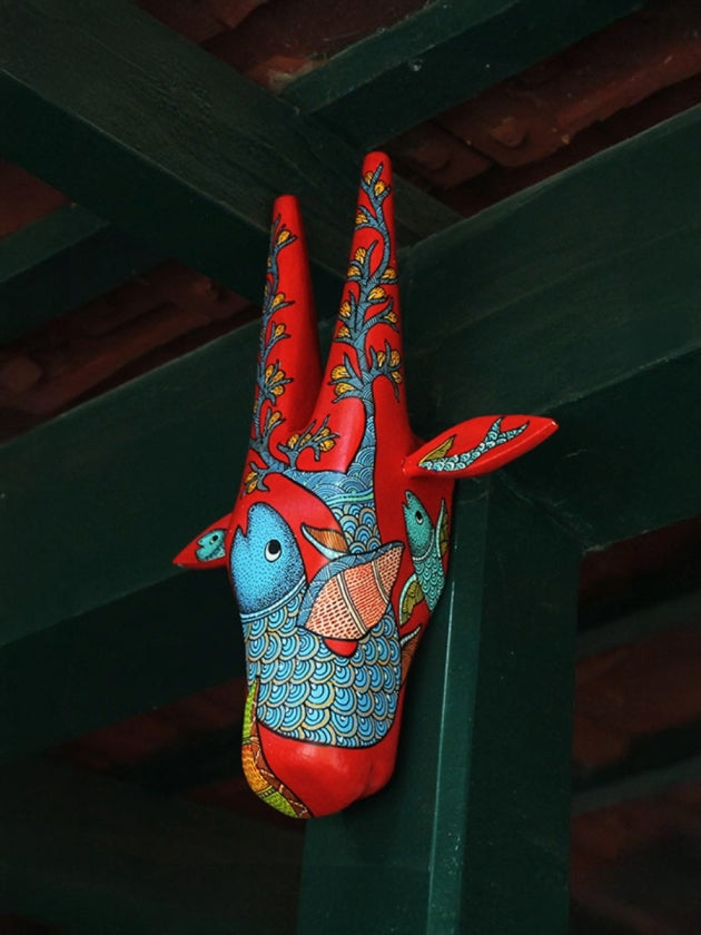 Shop 12" Hand Painted Gond Style Wooden Decor Cow Head - Red