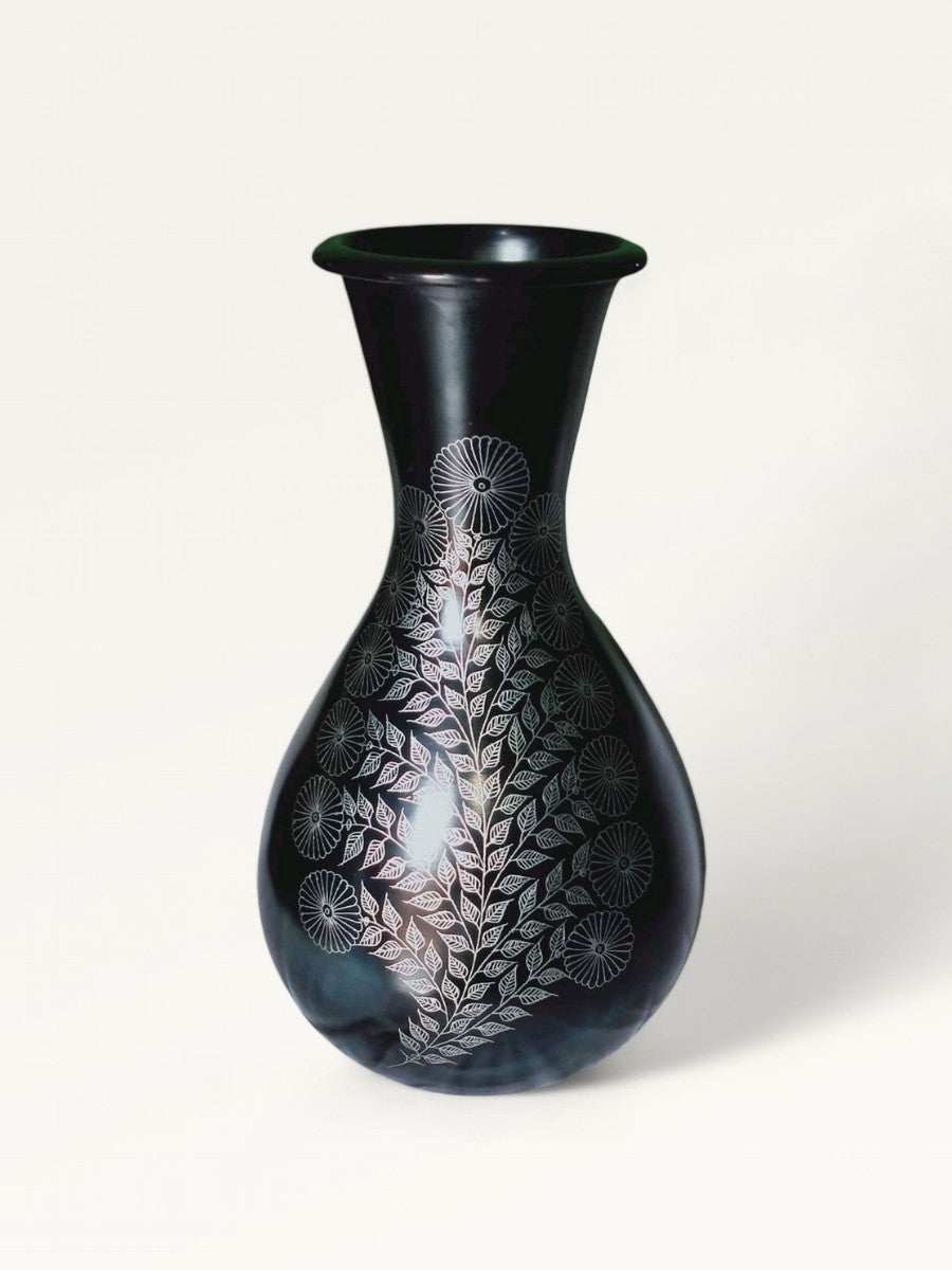 Shop Vase With Floral Design in Black Pottery by Ramjatan Prajapati