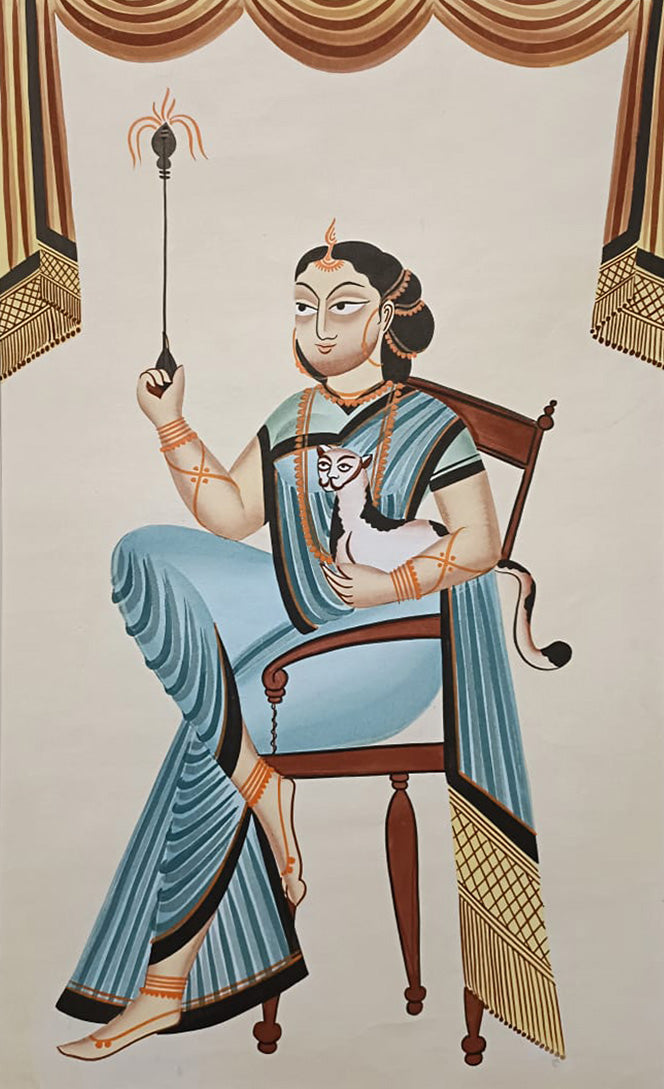 Lady with cat in Kalighat by Anwar Chitrakar art