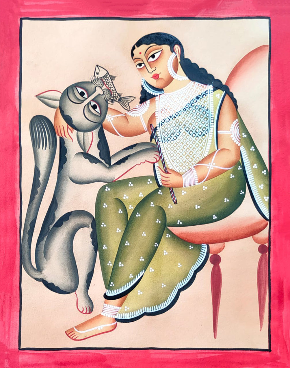 Lady with cat in Kalighat by Hasir Chitrakar for Sale