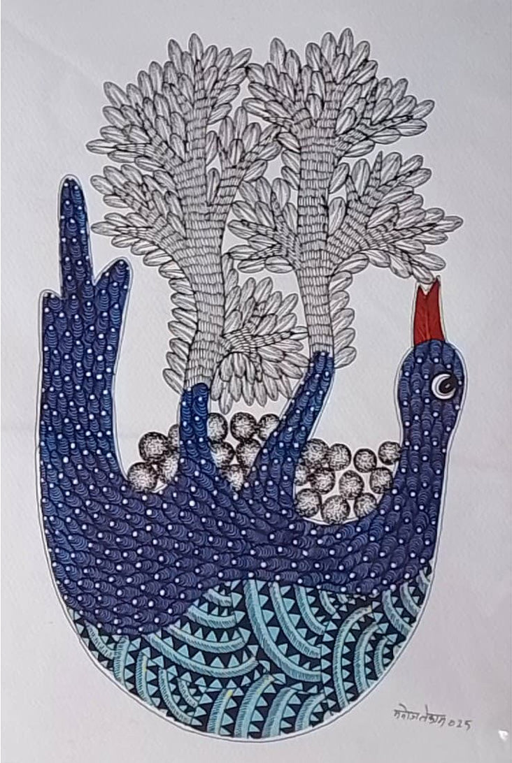 Peacock & Tree In Gond by Manoj Tekam handmade painting