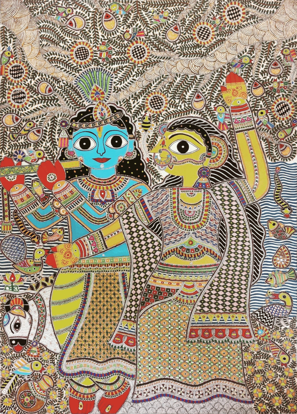 Radha Krishna In Madhubani by Ambika Devi for sale