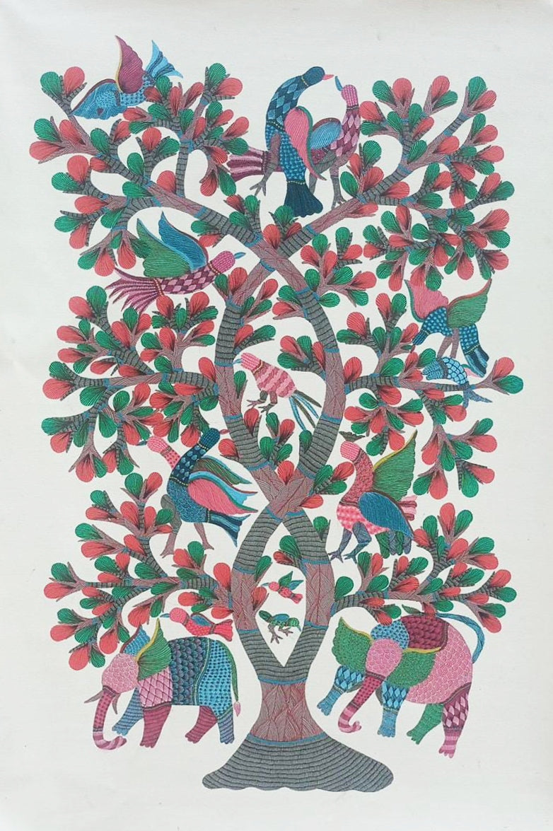 Buy Elephant, Birds in Gond by Kailash Pradhan