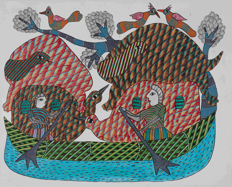 Buy Boating Amid Nature in Gond art by Baaya