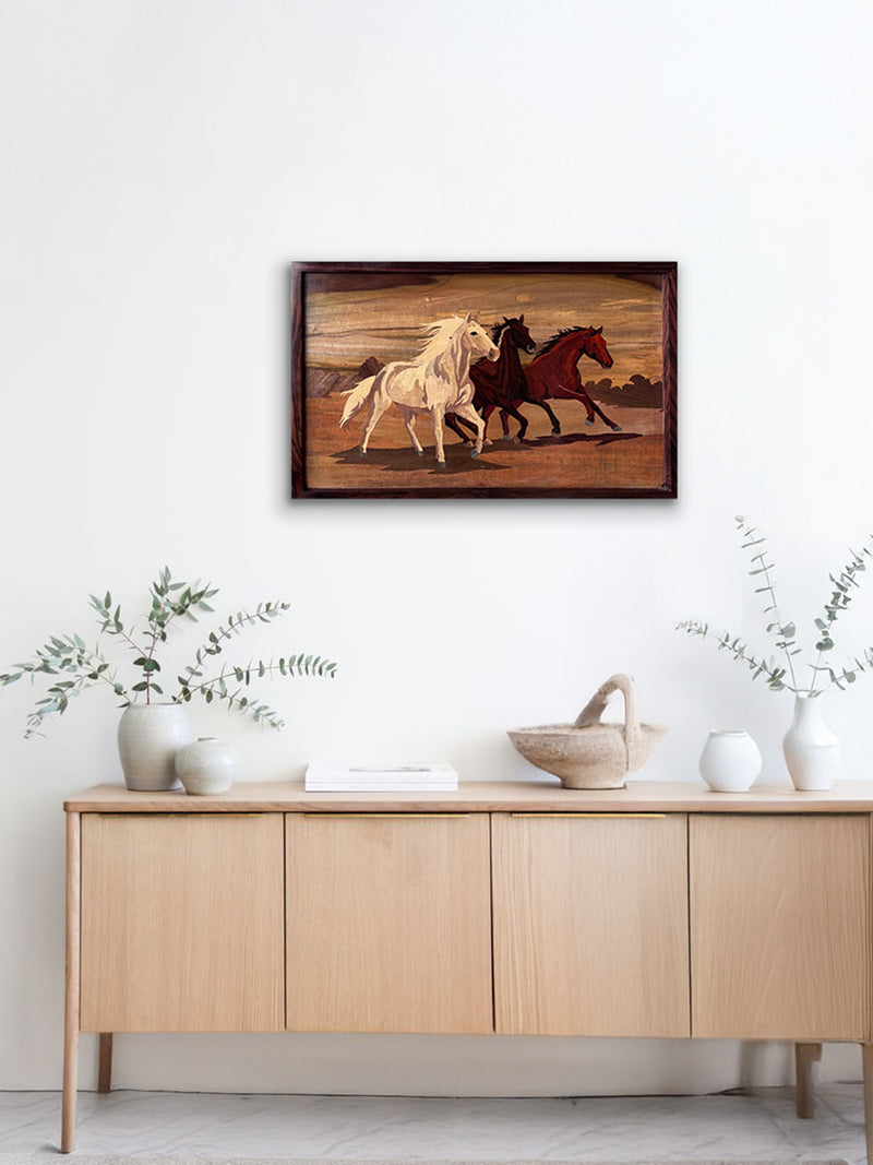 Horses In Wood Inlay by Mohan Kumar painting