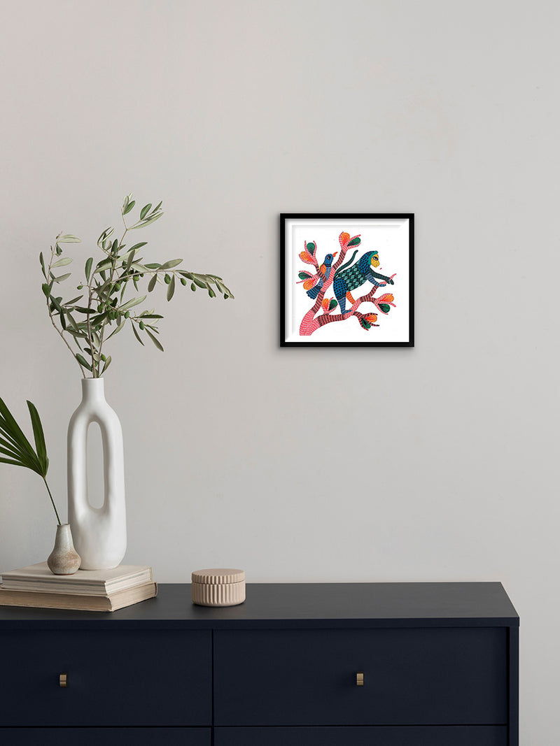 Monkey & a Bird In Gond by Kailash Pradhan Painting For Sale