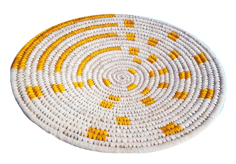 Buy Arrangement of yellow on white plate Sabari Grass work by Dipali Mura