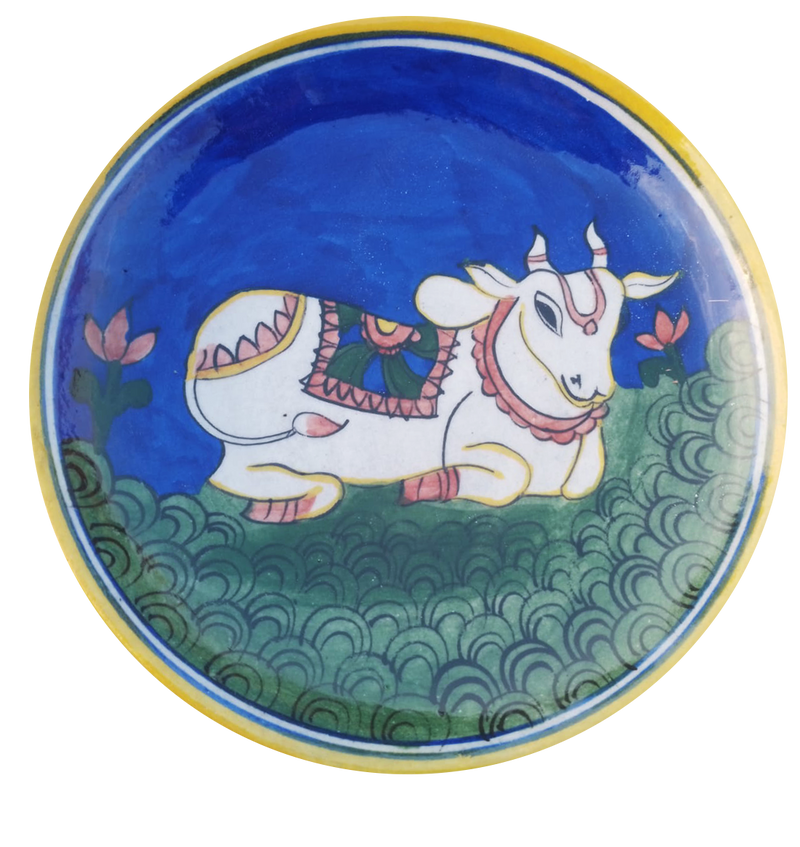 Buy A Cow on a plate In Blue Pottery plates by Gopal Lal Kharol