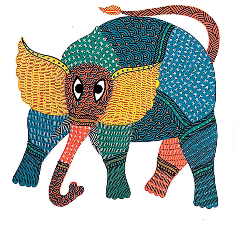 Buy A Kaleidoscope of Colors in Gond's Winged Elephant Gond Painting by Kailash Pradhan