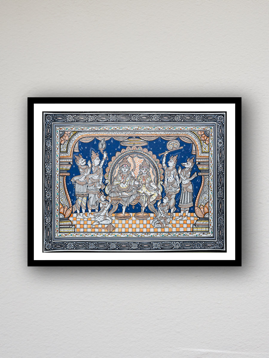 A Tapestry of Divine Love: The Mythical Saga of Ram-Sita Darbar on a canvas by Apindra Swain for sale