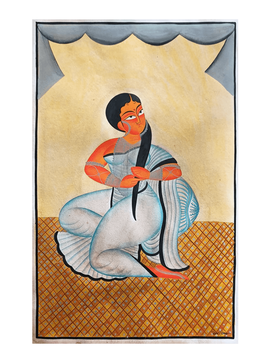 Buy A Woman Twirling her hair: Kalighat painting by Uttam Chitrakar at memeraki.com