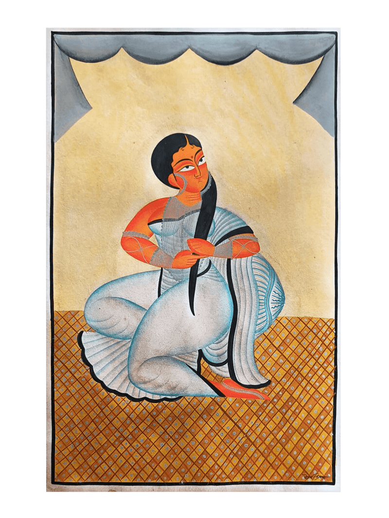 Buy A Woman Twirling her hair: Kalighat painting by Uttam Chitrakar at memeraki.com