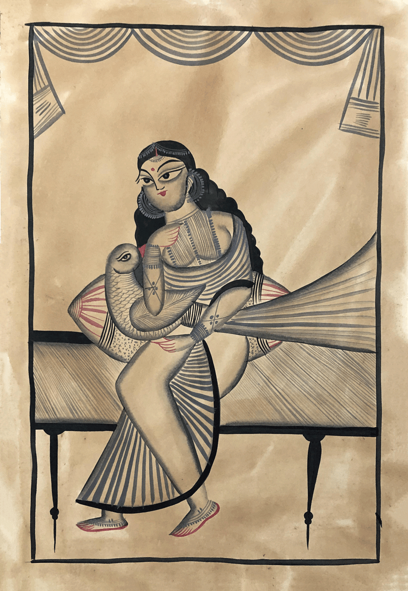 A Woman and a Bird in Kalighat by Uttam Chitrakar