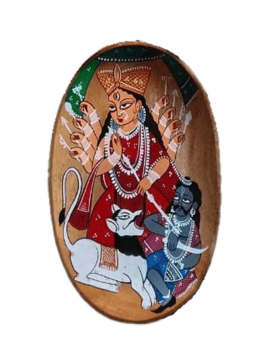 A glimpse of Maa Durga's chief elements in Kalighat Plate art by Hasir Chitrakar for Sale