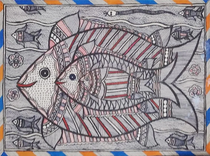 Buy Aqua Symphony: Ambika Devi's Monochromatic Fishes in Madhubani Painting