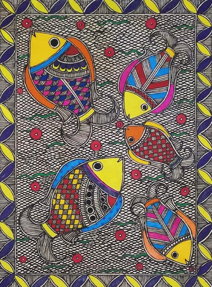 Fishes Madhubani Painting by Ambika Devi