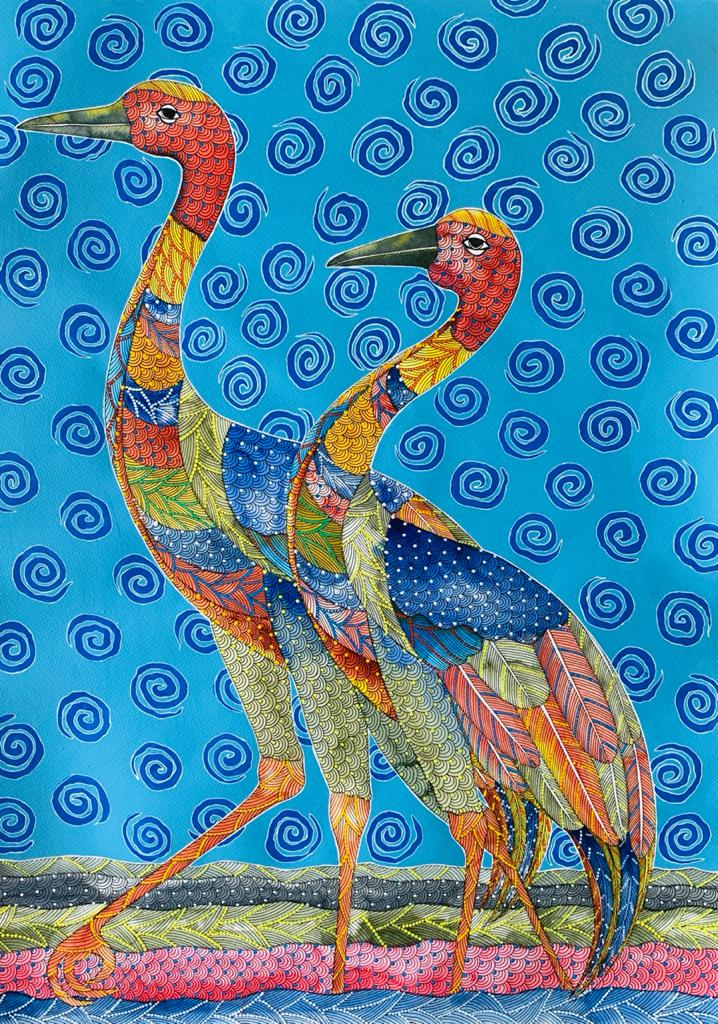 Shop Allure of Saras Birds:A Gond Painting by Venkat Shyam