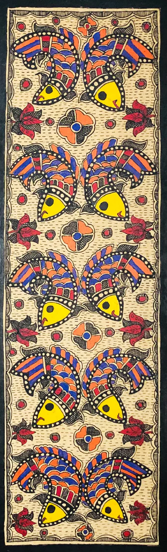 Aqua Harmony: Pairs of Fishes Amidst Lotus Blooms Madhubani Painting by Ambika Devi