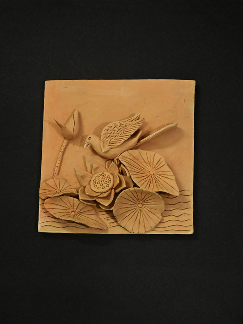 Aquatic Serenity: Terracotta Sculpture of Plants and Avian Grace 