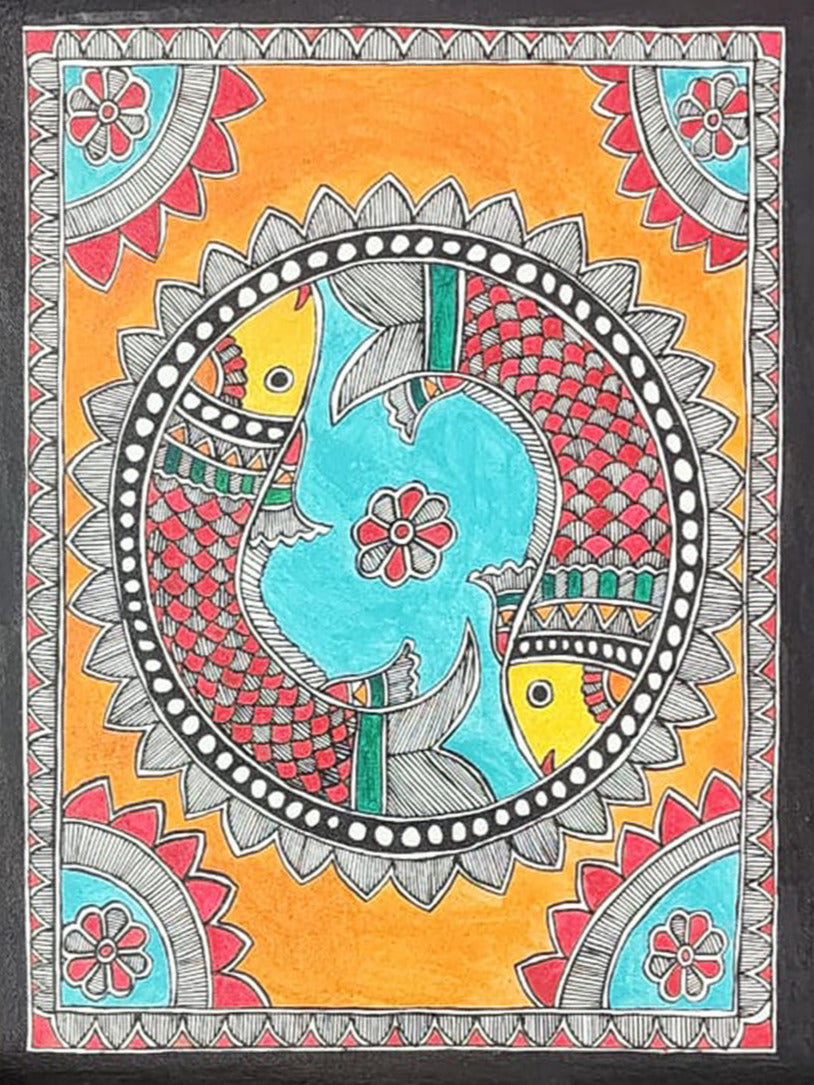 Buy Aquatic serenade - Vibrant Symphony of Madhubani, Madhubani Painting by Priti Karn