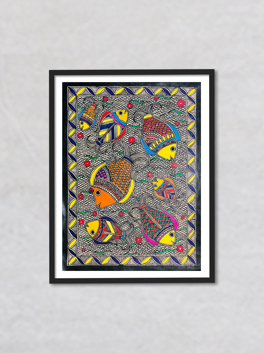 Aquatic symphony- Enchanting Fishes in Madhubani Pond, Madhubani Painting by Ambika Devi