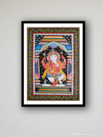 Balance in Motion: The Colorful Dancing Ganesha Pattachitra on a Wooden Plate  by Apindra Swain for sale