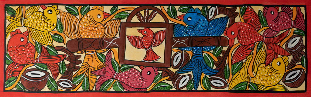 Buy Bird marriage scene: Santhal-Tribal Pattachitra by Manoranjan Chitrakar