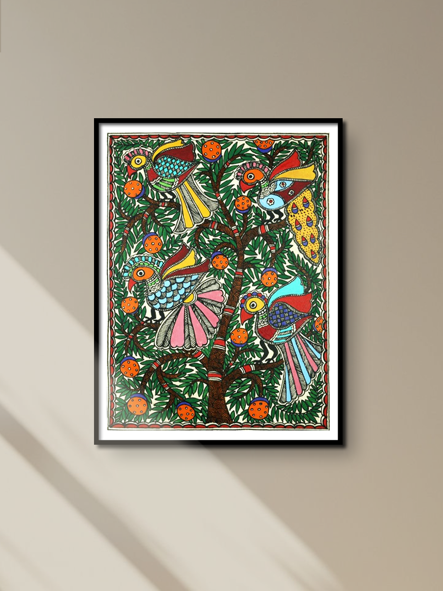 Birds on Tree Madhubani Painting by Ambika Devi for sale