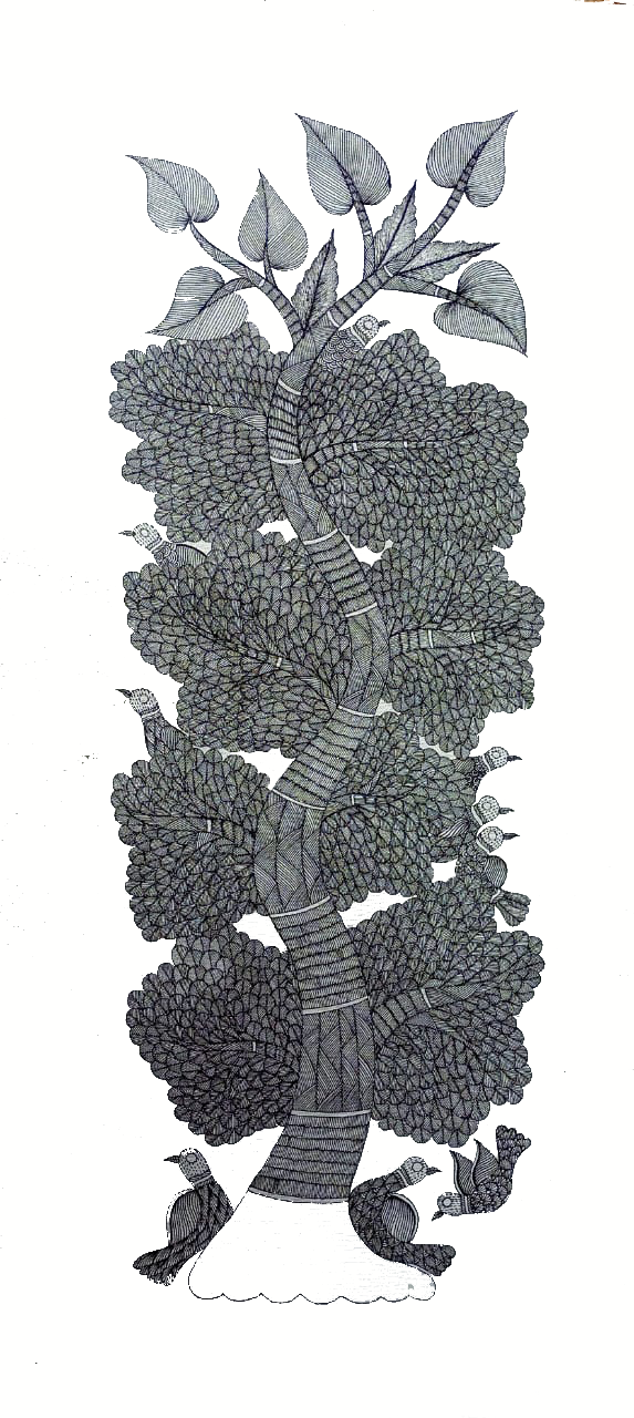 Buy Black and white tree with birds: Gond by Kailash Pradhan