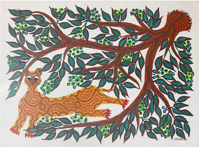 Cat on a Tree, Bhil Art by Geeta Bariya