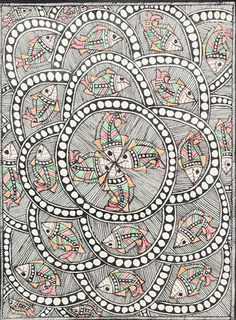 Buy Circle of Symphony - An Aquatic Tapestry, Madhubani Painting by Priti Karn