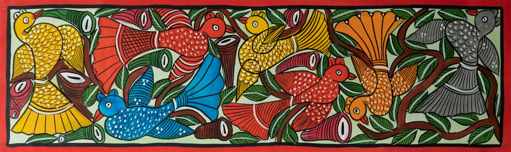 Colorful visual of birds: Santhal-Tribal Pattachitra by Manoranjan Chitrakar