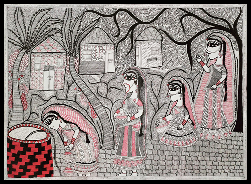 Gathering at the Well, Madhubani Painting by Vibhuti Nath