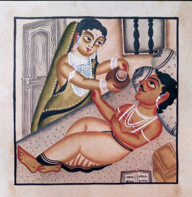 Daily Devotion of couple: Kalighat Art by Bapi Chitrakar