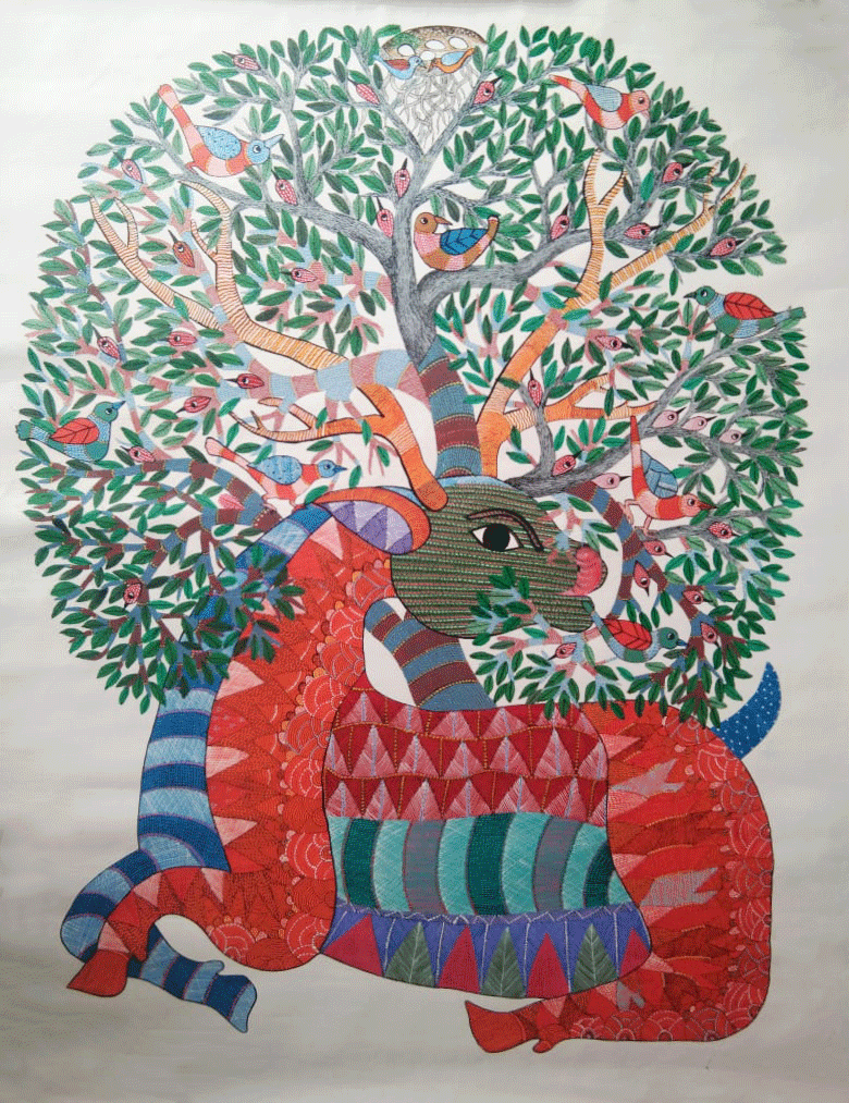 Buy Deer,Birds and the tree in Gond by Sukhiram Maravi