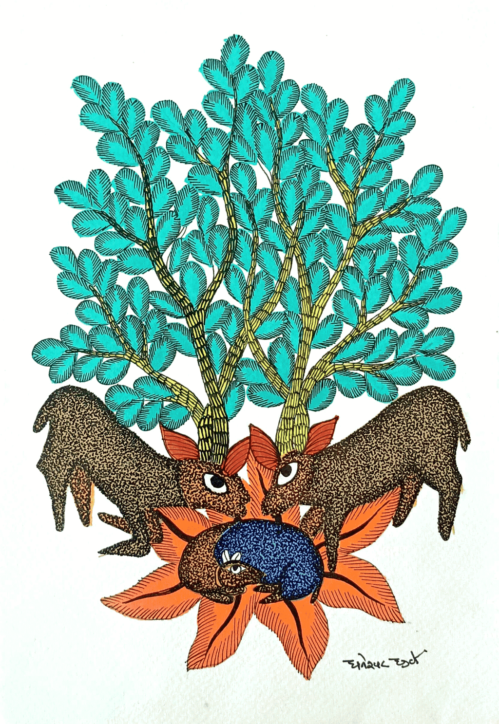 Buy  Deer family under a tree in Gond by Kailash Pradhan