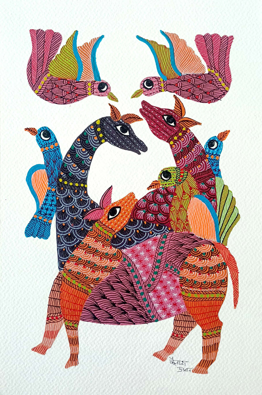 Buy  Deer family with birds in Gond by Kailash Pradhan