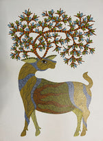 Deer with Tree, Gond Painting by Venkat Shyam