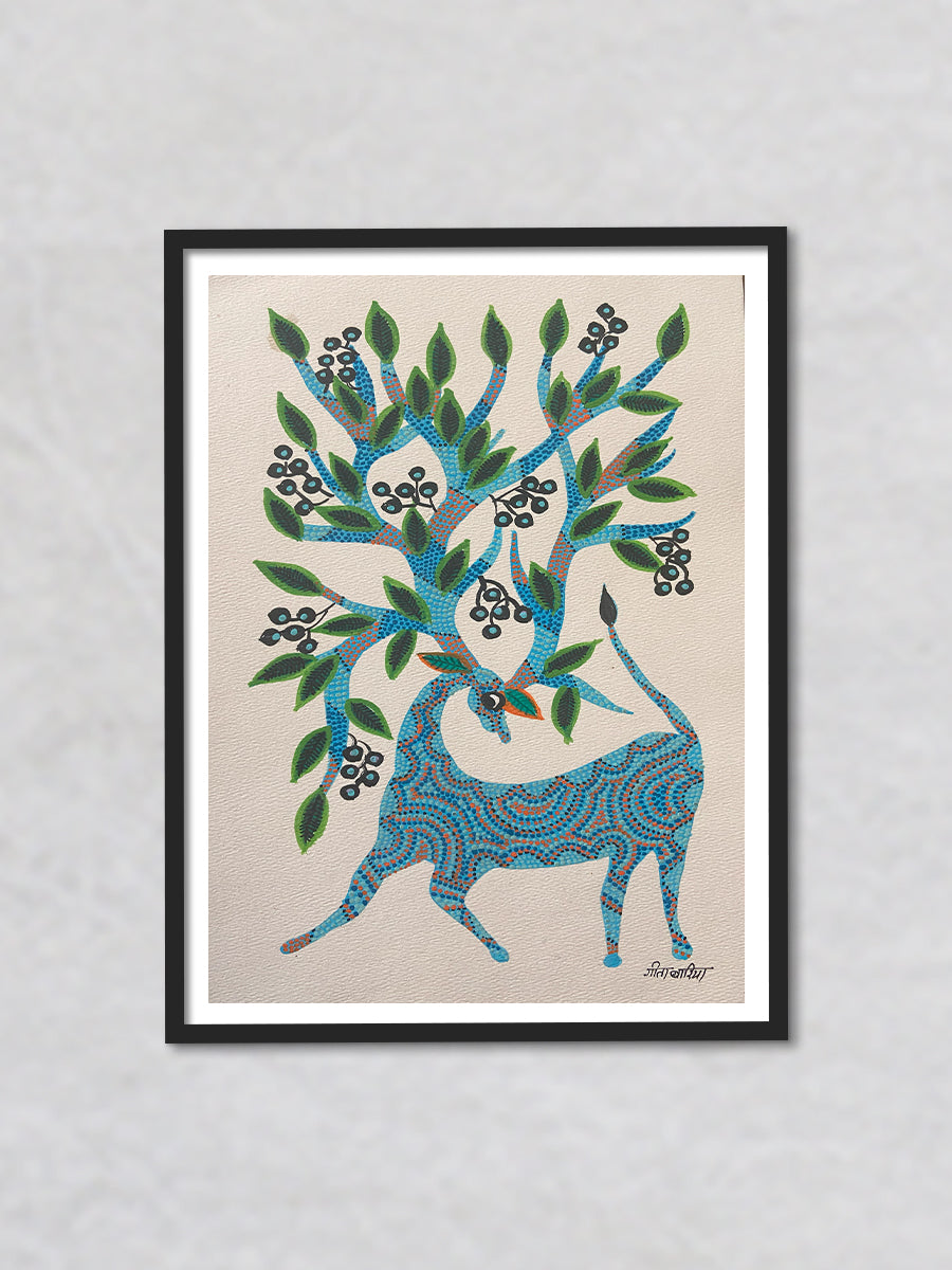 Deer with a Tree, Bhil Art by Geeta Bariya