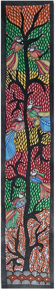 Depiction of a radiant tree owing birds: Madhubani by Vibhuti Nath