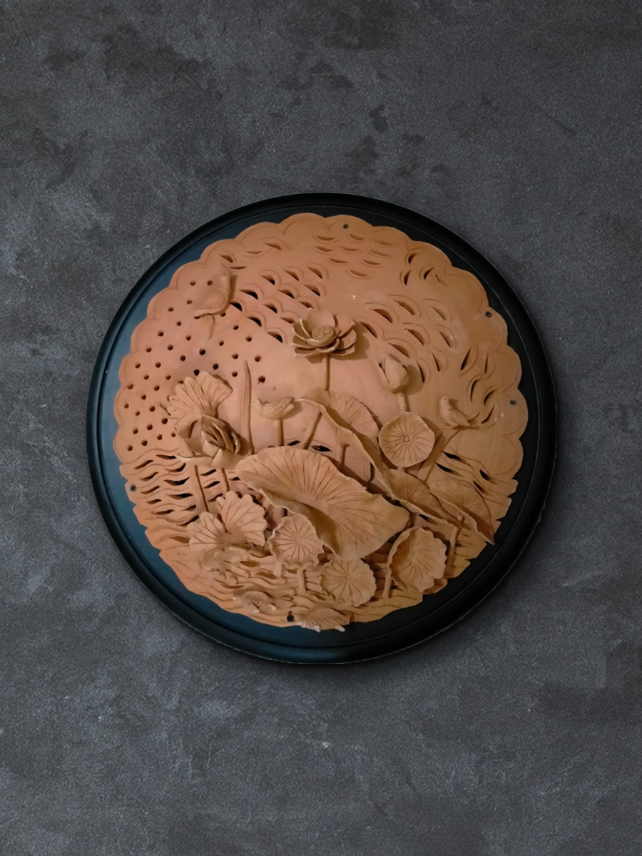 Buy Depiction of lotus flower with leaves in Terracotta by Dolon Kundu