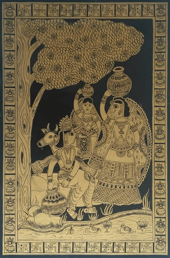 Buy Desire for supreme being: Radha-Krishna scene in Tikuli painting by Ashok Kumar