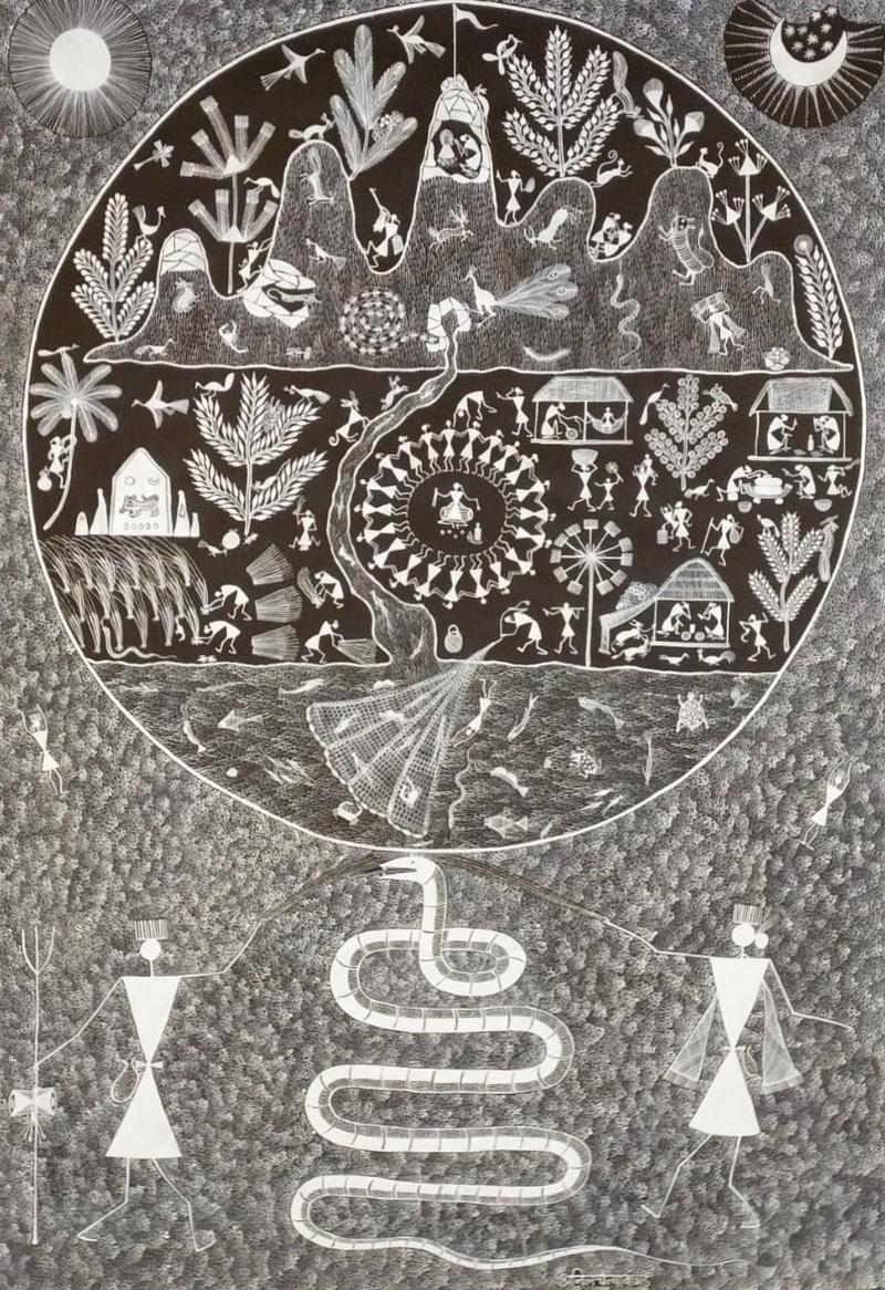 Dhartari Mata, Earth Goddess: Warli Painting by Anil Wangad