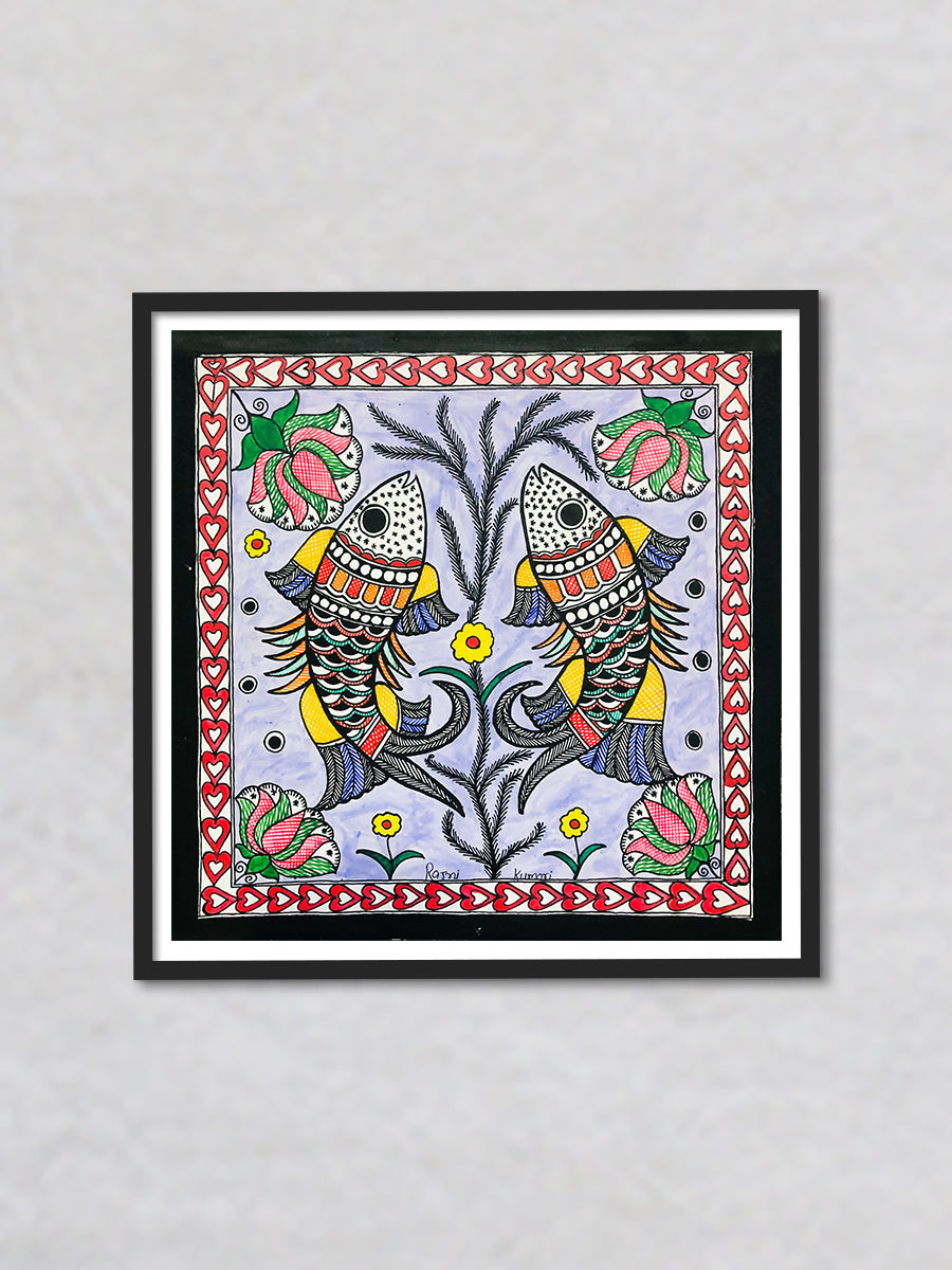 Duo of reflections - An aquatic symphony, Madhubani Painting by Ambika Devi