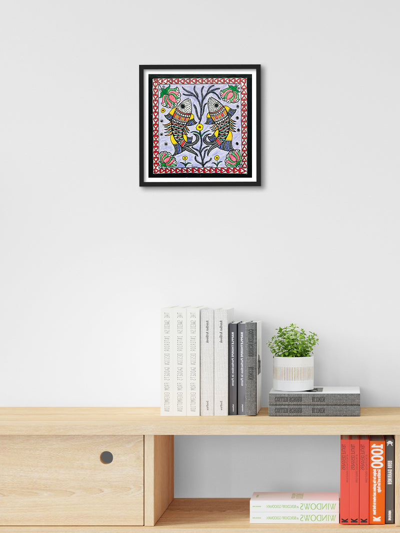 Shop Duo of reflections - An aquatic symphony, Madhubani Painting by Ambika Devi