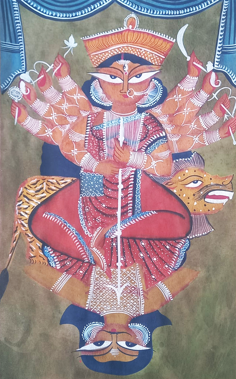 Durga defeating Mahishasura: Kalighat by Uttam Chitrakar