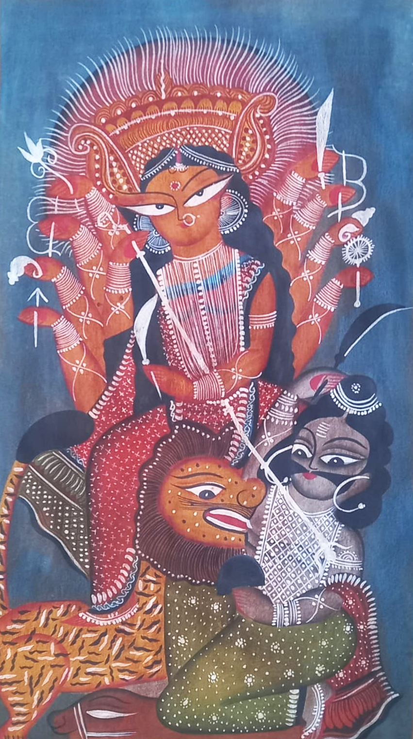 Durga with Mahishasura: Kalighat by Uttam Chitrakar