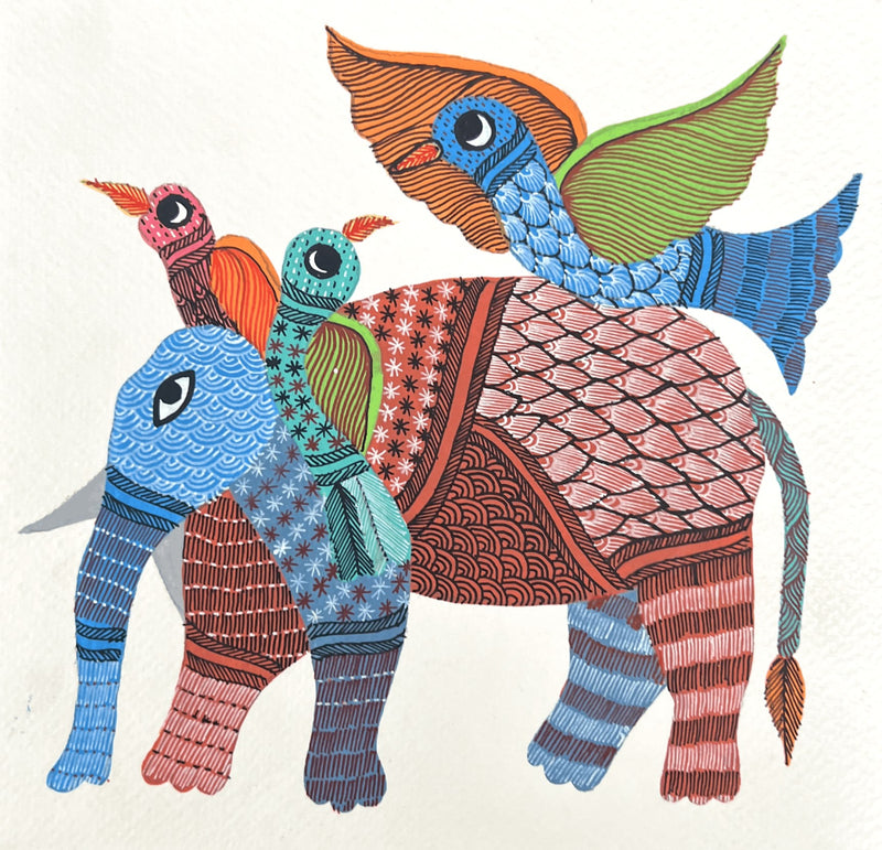 Buy Elephant and Birds In Gond by Kailash Pradhan