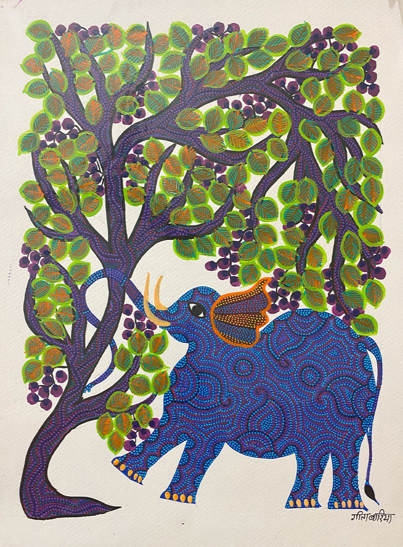 Elephant under a Tree, Bhil Art by Geeta Bariya